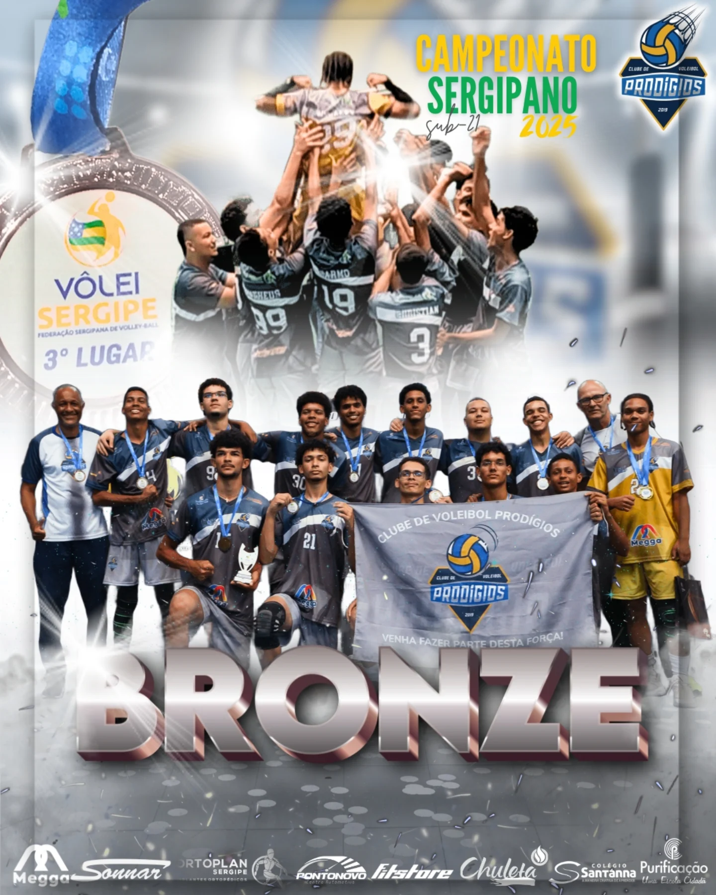 Arte de divulgação do Clube de Voleibol Prodígios: time sub-21 reunido com medalhas e troféu, comemorando o 3º lugar (bronze) no Campeonato Sergipano sub-21 2025